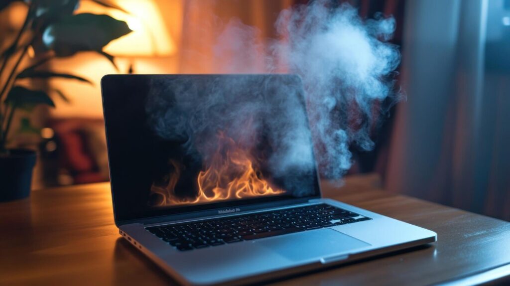 laptop emitting smoke flames suggesting overheating malfunction 836155 2381 laptop emitting smoke flames suggesting overheating malfunction 836155 2381